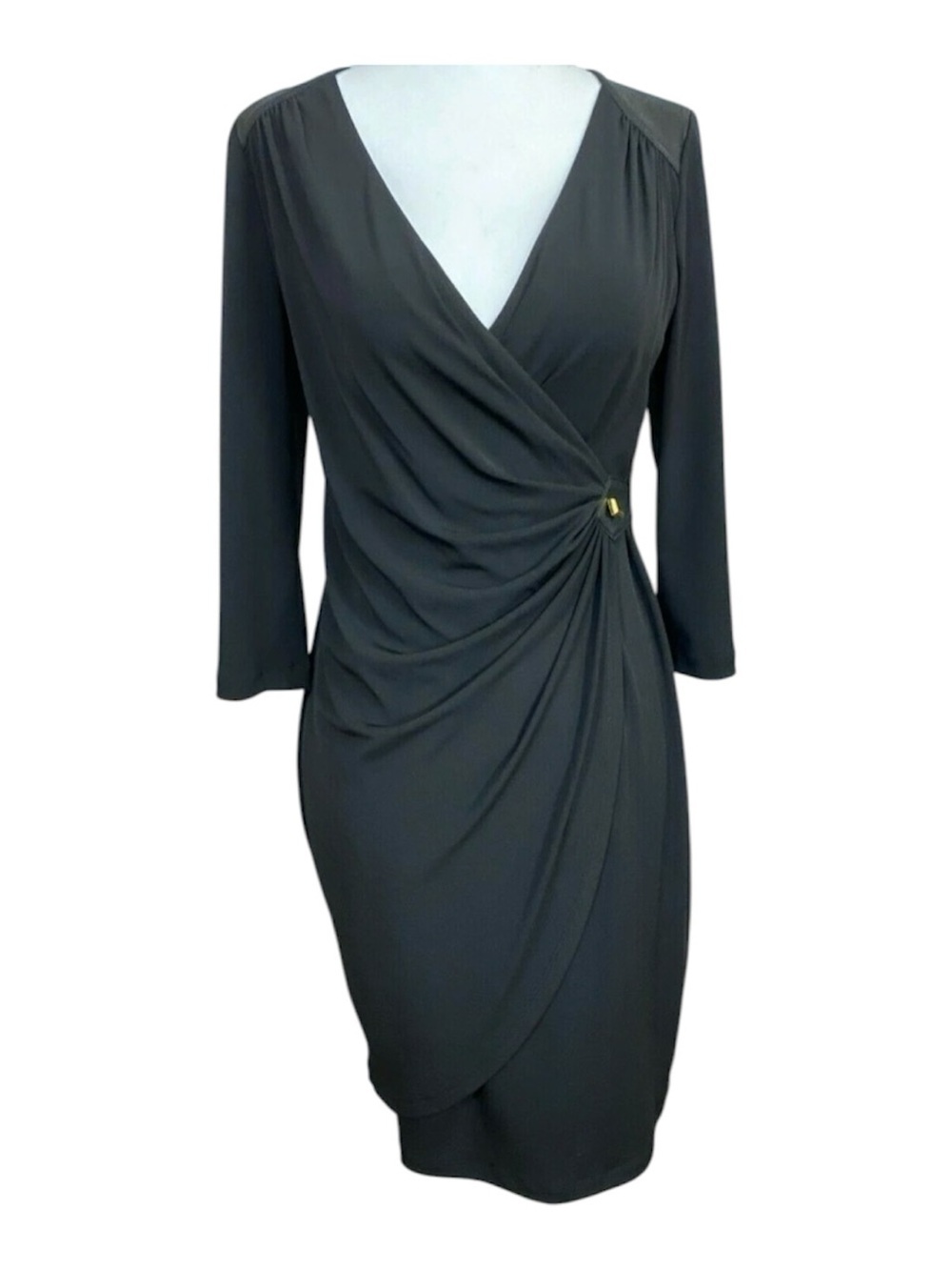 Elegant Black Surplice Wrap Dress with Side Detail Size M